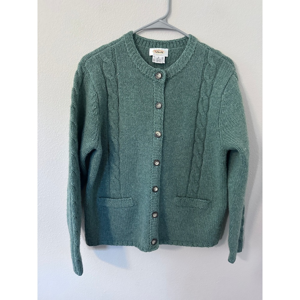 Talbots Cardigan M Green Excellent 100% Shetland Wool Cable Knit Button Front